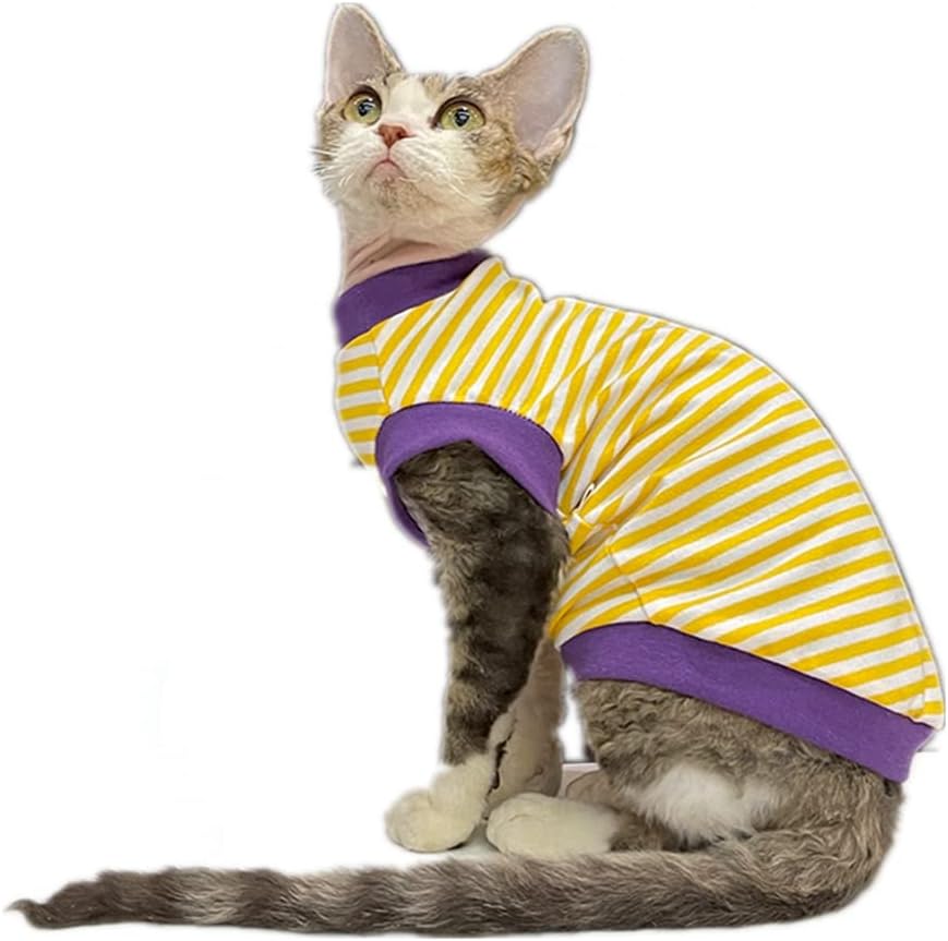 Hairless Cat Clothes Breathable Summer Cotton Elastic Stripe T Shirts with Round Collar Cat Clothes Vest Pajamas Cat Apparel for Sphynx, Cornish Rex, Devon Rex, Peterbald (XXL+,Green)