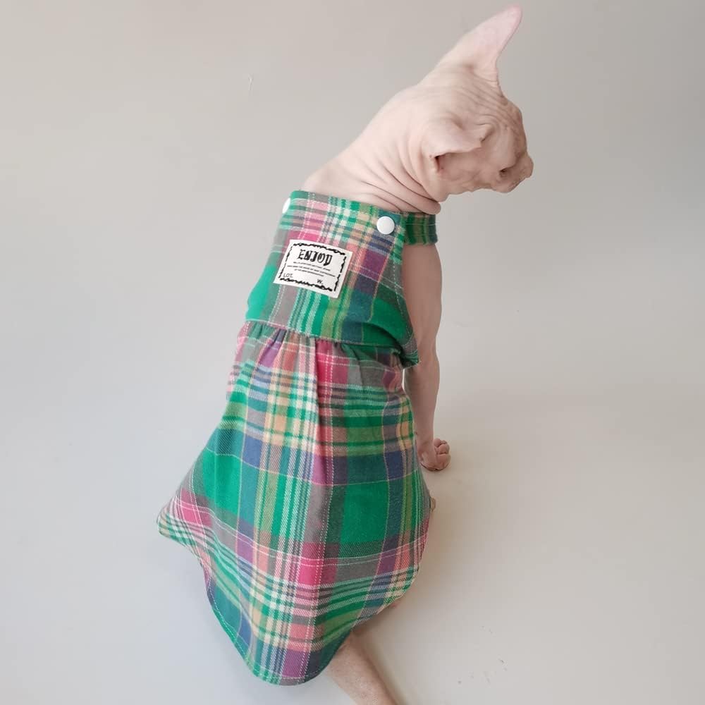 Hairless Cat Clothes - Summer Breathable Plaid Buckle Suspender Skirt Elegant Sleeveless Girly Dress,Soft Cotton Vest Princess Dress for Sphynx, Cornish Rex, Devon Rex, Peterbald (L)