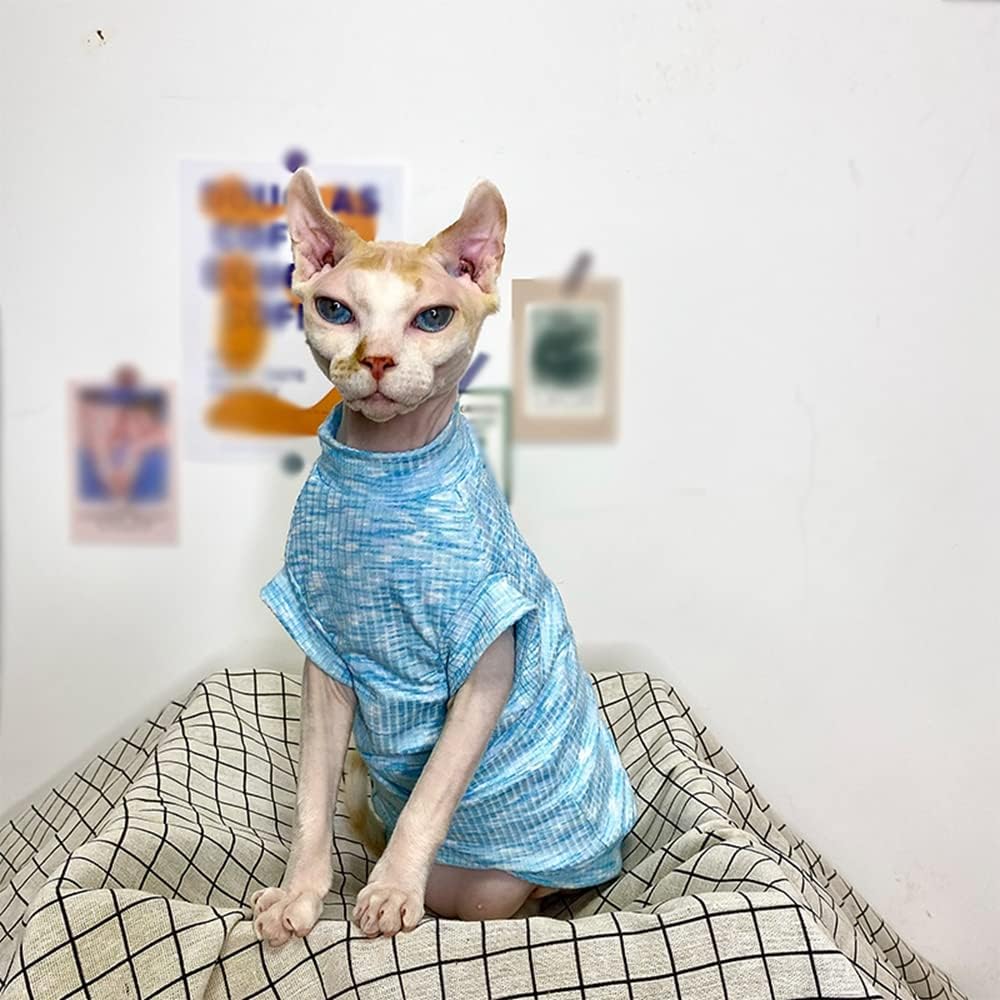 Sphynx Cat Clothes Breathable Summer Cotton Pure Blue T-Shirts Pullover Cat Wear Clothes Vest Pajamas for Cats and Small Dogs Apparel for Sphynx, Cornish Rex, Devon Rex, Peterbald (XXXL-)