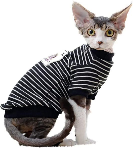 Sphynx Cat Clothes Breathable Summer Cotton Black Strips T-Shirts Round Collar Cat Wear Clothes Vest Pajamas Hairless Cats Dogs Apparel for Sphynx, Cornish Rex, Devon Rex, Peterbald (XS)