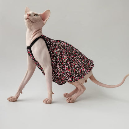 Hairless Cat Clothes - Summer Breathable Floral Suspender Skirt Elegant Romantic Girly Dress,Cotton Stripe Vest Princess Dress for Sphynx, Cornish Rex, Devon Rex, Peterbald (XL)