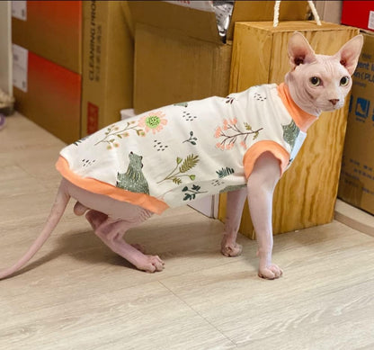 Hairless Cat Clothes - Cotton Breathable Summer Animal Print T-Shirt Vest Pajamas Cat Wear Clothes Small Dogs Apparel for Sphynx, Cornish Rex, Devon Rex, Peterbald (XL,Orange)