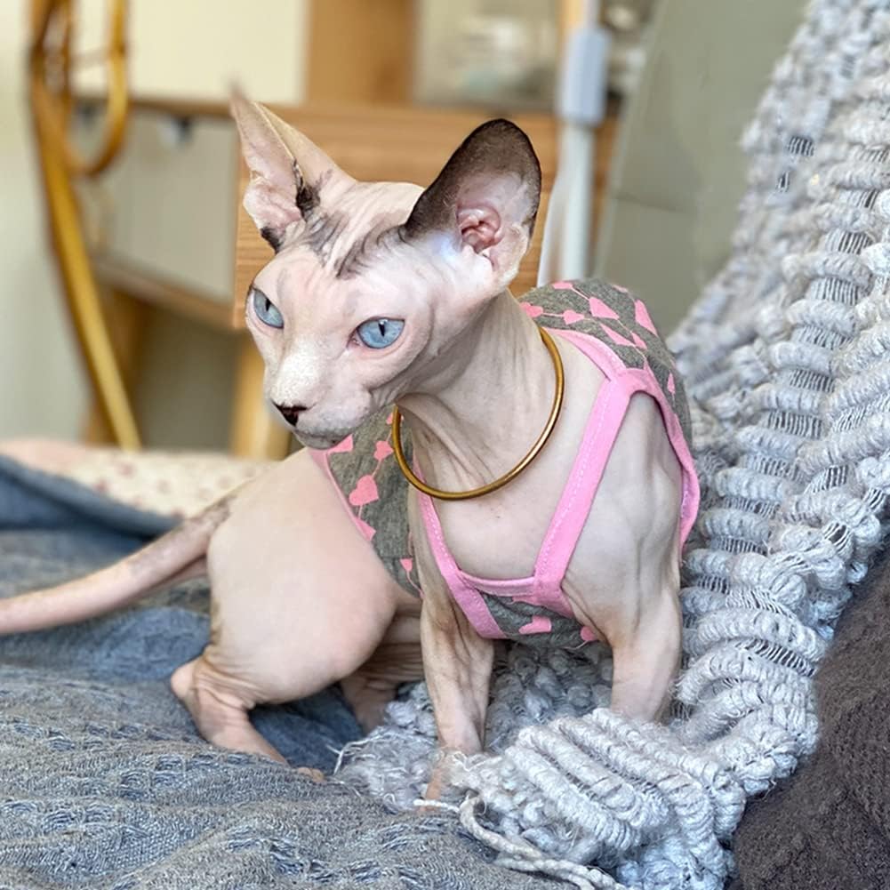 Sphynx Cat Clothes Breathable Summer Cotton Thin Camisole Sleeveless Shirt with Heart Print Strap Tank Tops Pullover Pajamas for Hairless Cats, Sphynx,Cornish Rex,Devon Rex,Peterbald (M)