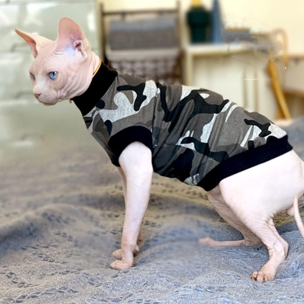 Hairless Cat Clothes Breathable Summer Cotton Turtleneck T-Shirt Vest Stretch Camouflage Short Sleeve Tank Tops Pajamas Jumpsuits Pullover for Sphynx,Cornish Rex, Devon Rex, Peterbald (XS)