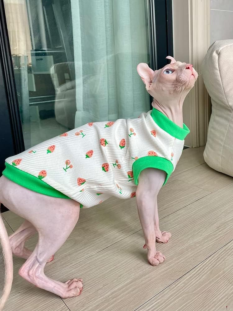 Sphynx Cat Clothes Breathable Summer Cotton Elastic T-Shirts with Strawberry Print Cat Wear Clothes Vest Pajamas Hairless Cat Apparel for Sphynx, Cornish Rex, Devon Rex, Peterbald? (XL+)