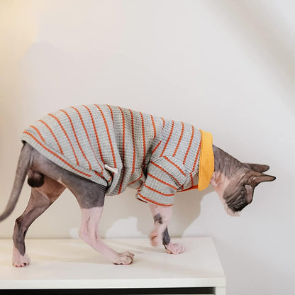 Hairless Cat Clothes Cotton Polo T-Shirt Stripe Print Pullover Jumpsuits Pajamas for Sphynx Cornish Rex Devon Rex Peterbald