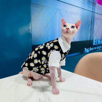 Hairless Cat T-Shirts Breathable Summer Cotton Black Shirts Button Closure Turn Down Collar Daisy Print Vest Pajamas Apparel