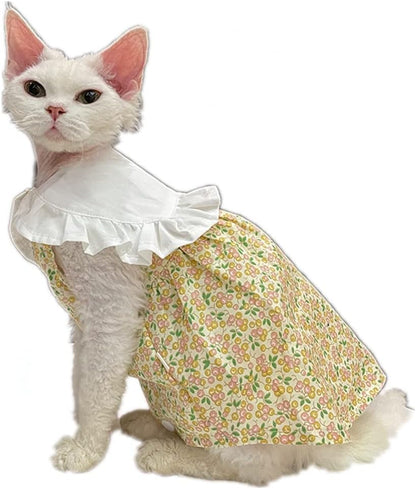 Hairless Cat Clothes - Breathable Summer Cotton Nautical Sailor Collar Dress Sunflower Skirt Elegant Sleeveless Girly Soft Princess Dress for Sphynx, Cornish Rex, Devon Rex, Peterbald (XL+,Pink)