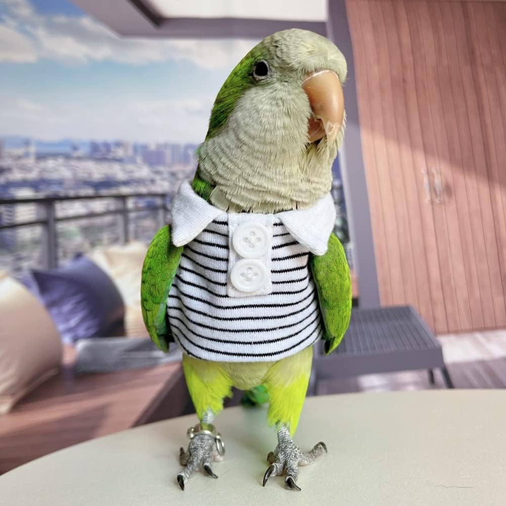 Bird Clothes - Handmade Cotton Stripe Sweater Shirt with Buttons Flight Suit for Parrots African Greys Parakeet Cockatiel Sun Conure Christmas Birthday Gift Parrot Apparel Bird Supplies (S)