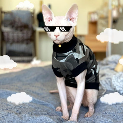 Hairless Cat Clothes Breathable Summer Cotton Turtleneck T-Shirt Vest Stretch Camouflage Short Sleeve Tank Tops Pajamas Jumpsuits Pullover for Sphynx,Cornish Rex, Devon Rex, Peterbald (XS)