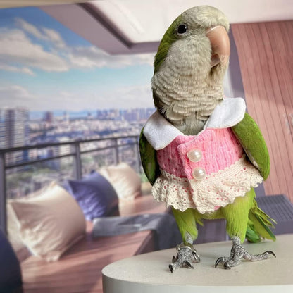 Bird Clothes - Handmade Knitted Sweater with Lace Pearl Button Dress Flight Suit for Parrots African Greys Parakeet Cockatiel Sun Conure Parrot Cosplay Apparel Bird Supplies (S)