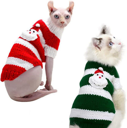 Hairless Cats Clothes with Santa Claus Pattern,Turtleneck Stripe Sweater for Cat, Hand Knitting Vest Shirt Pajamas Jumpsuit for Sphynx, Cornish Rex, Devon Rex, Peterbald (XS,Green)