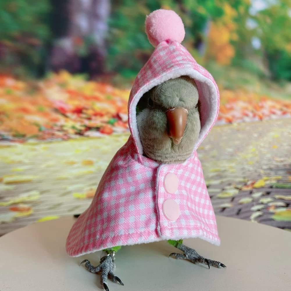 Bird Clothes - Handmade Parrot Cape Hoodie with Buttons Cozy Corner Fleece Blanket Snuggle Hut for African Greys Parakeet Cockatiel Sun Conure Cosplay Apparel Photo Prop Bird Supplies (XS,Pink)