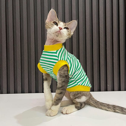 Hairless Cat Clothes Breathable Summer Cotton Elastic Stripe T Shirts with Round Collar Cat Clothes Vest Pajamas Cat Apparel for Sphynx, Cornish Rex, Devon Rex, Peterbald (XXL+,Green)