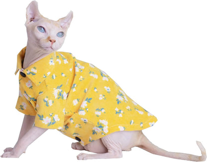 Hairless Cat T-Shirts Breathable Summer Cotton Yellow Shirts Button Closure Turn Down Collar Floral Print Cat Clothes Vest Pajamas Apparel for Sphynx, Cornish Rex, Devon Rex, Peterbald (XS)