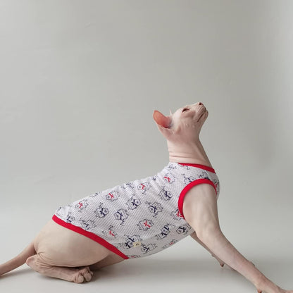 Sphynx Cat Clothes - Summer Thin Cotton Shirt Breathable Animal Print Sleeveless Tank Tops Cat Apparel Pajamas Camisole for Hairless Cats, Sphynx, Cornish Rex, Devon Rex, Peterbald (S,Red)