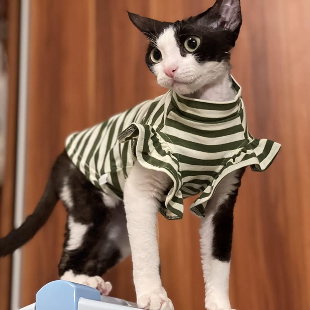 Sphynx Cat Clothes Breathable Summer Cotton Strip T-Shirts Round Collar Cat Wear Clothes Vest Pajamas for Cats and Small Dogs Apparel for Sphynx, Cornish Rex, Devon Rex, Peterbald (XXL,Green)