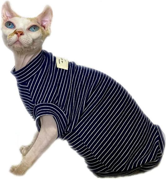 Sphynx Cat Clothes Breathable Summer Cotton Elastic Stripe T-Shirts with Round Collar Cat Wear Clothes Vest Pajamas Hairless Cat Apparel for Sphynx, Cornish Rex, Devon Rex, Peterbald (XL+)