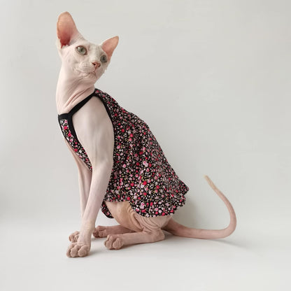 Hairless Cat Clothes - Summer Breathable Floral Suspender Skirt Elegant Romantic Girly Dress,Cotton Stripe Vest Princess Dress for Sphynx, Cornish Rex, Devon Rex, Peterbald (XL)