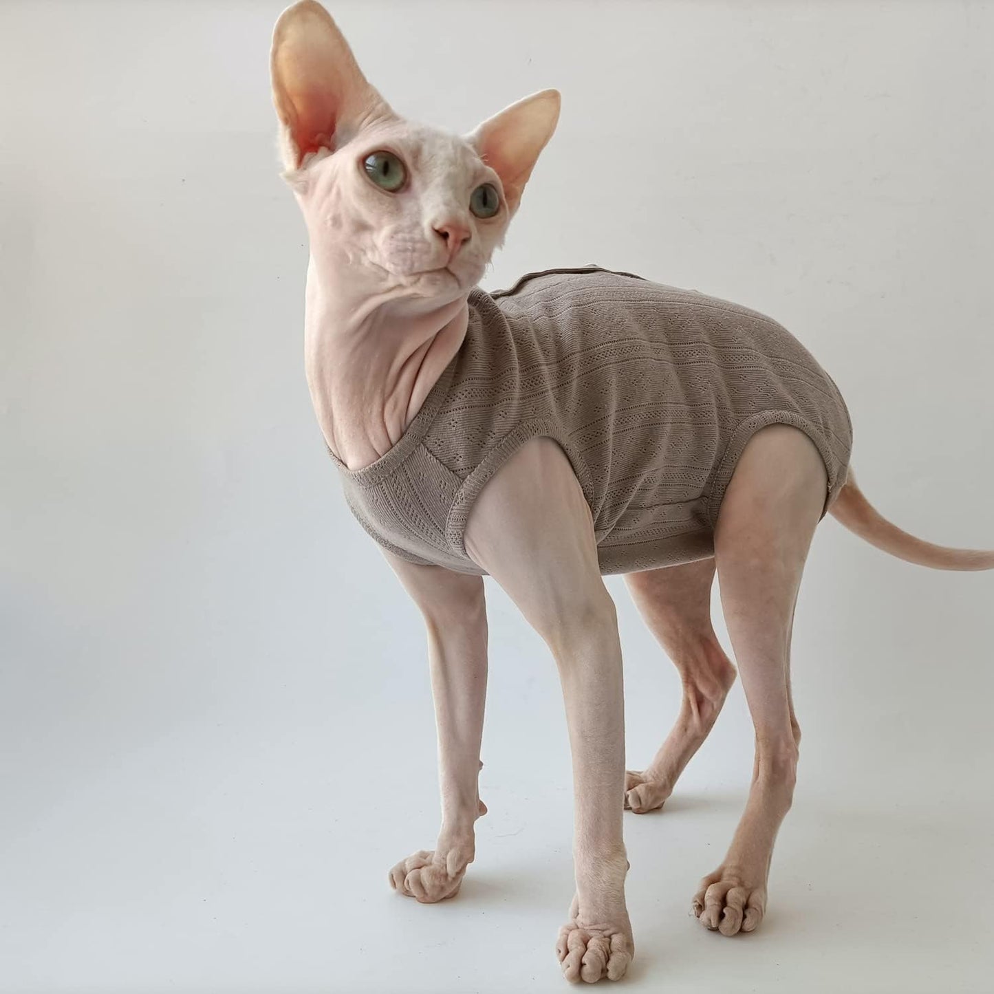 Sphynx Cat Clothes - 4 Leg Breathable Summer Cotton Sleeveless T-Shirts Cat Wear Clothes Vest Pajamas for Cats and Small Dogs Apparel for Sphynx, Cornish Rex, Devon Rex, Peterbald (XS,Brown)