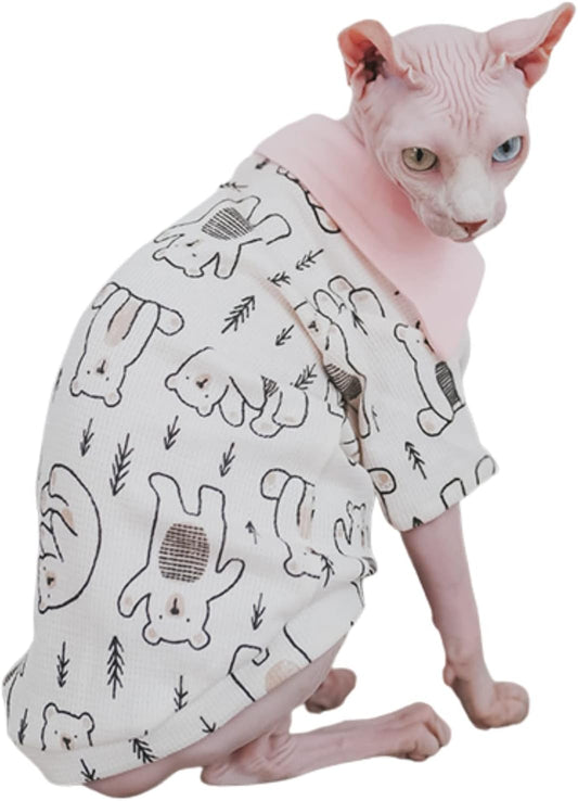 Hairless Cat Clothes - Spring Autumn Cotton Polo T-Shirt Long Sleeve Animal Print Pullover Jumpsuits Breathable Stretch Pajamas for Sphynx, Cornish Rex, Devon Rex, Peterbald (XL,Bear)