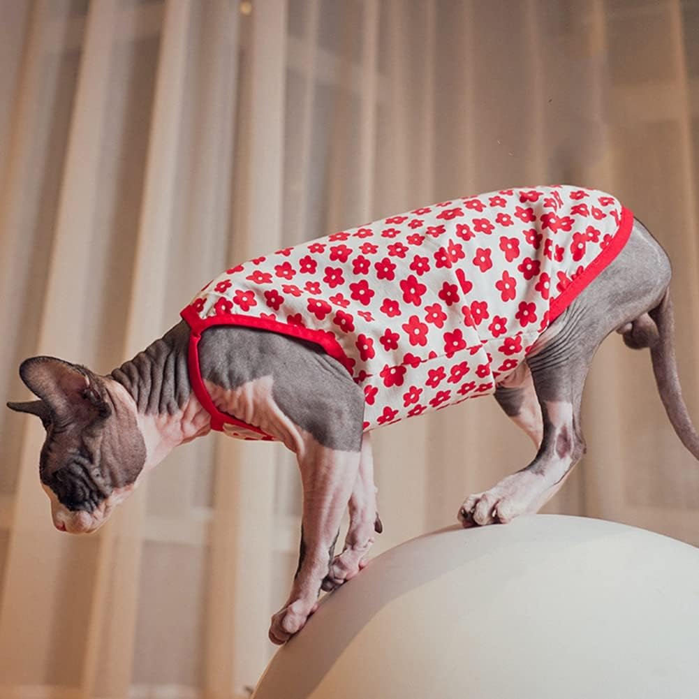 Sphynx Cat Clothes Breathable Summer Cotton Thin Camisole Sleeveless Shirt with Flower Print Strap Pullover Tank Tops Pajamas for Hairless Cats, Sphynx,Cornish Rex,Devon Rex,Peterbald (L,Red)