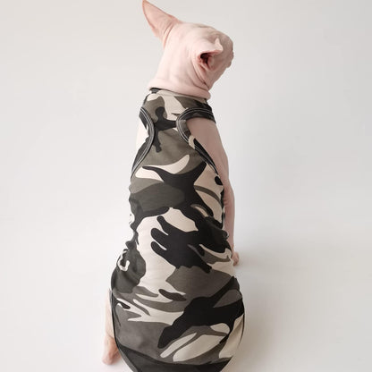 Sphynx Cat Clothes - Camouflage Shirts Breathable Summer Cotton Sleeveless Cat Wear Clothes Vest Pajamas for Cats and Small Dogs Apparel for Sphynx, Cornish Rex, Devon Rex, Peterbald (XS)