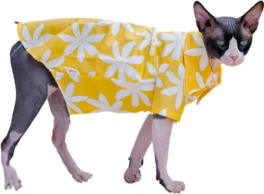 Hairless Cat Clothes - Breathable Summer Cotton T-Shirts Button Closure Turn Down Collar Stretch Jumpsuits Pullover Pajamas Cat Apparel for Sphynx, Cornish Rex, Devon Rex, Peterbald (XL,Yellow)