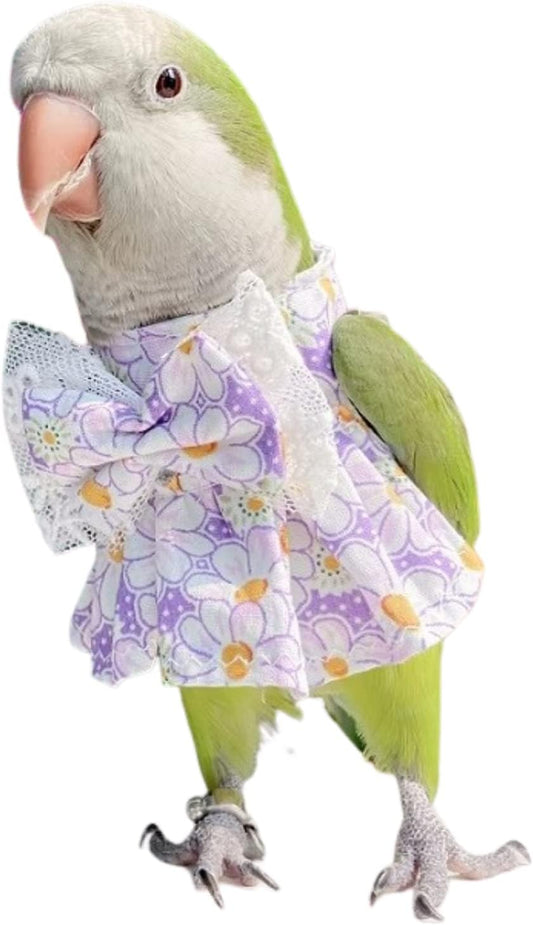 Bird Clothes - Handmade Cotton Floral Sundress with Lace Bowknot Decor Flight Suit Shirt for Parrots African Greys Parakeet Cockatiel Sun Conure Parrot Cosplay Apparel Bird Supplies (L,Purple)