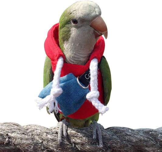 Bird Clothes - Handmade Cotton Hoodie with Bag Drawstring Flight Suit for Parrots African Greys Parakeet Cockatiel Sun Conure Christmas Halloween Cosplay Apparel Photo Prop Bird Supplies (L)