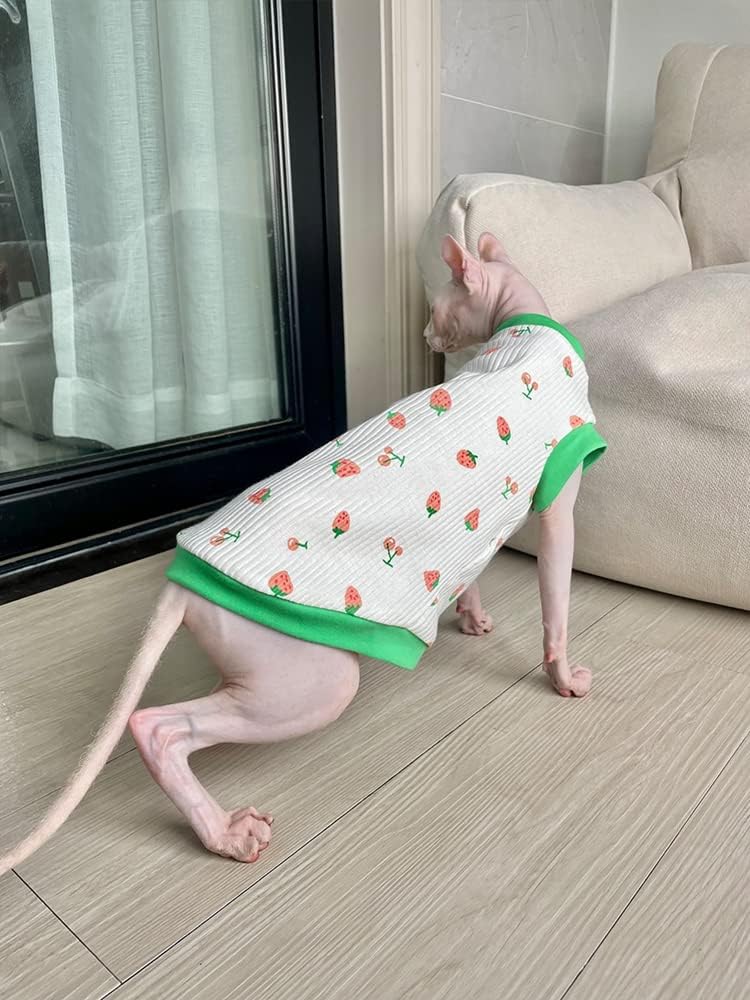 Sphynx Cat Clothes Breathable Summer Cotton Elastic T-Shirts with Strawberry Print Cat Wear Clothes Vest Pajamas Hairless Cat Apparel for Sphynx, Cornish Rex, Devon Rex, Peterbald? (XL+)