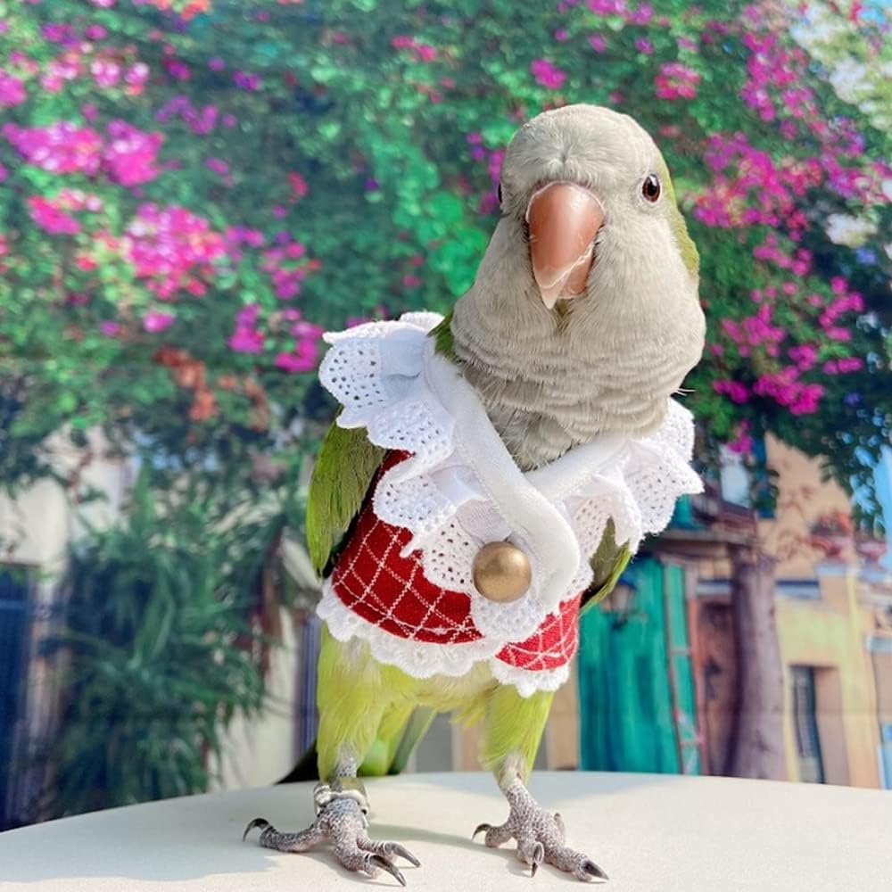 Bird Clothes - Handmade Cotton Summer Lace Shirt with Bronze Button Flight Suit Shirt for Parrots African Greys Parakeet Cockatiel Sun Conure Parrot Cosplay Apparel Bird Supplies (XS,Red)