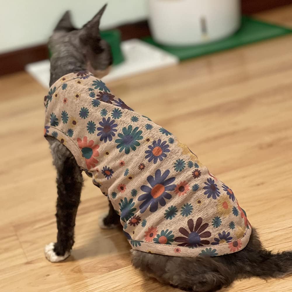 Hairless Cats Clothes Summer Thin Cotton Vest Breathable Soft Floral Print Pullover Tank Tops Sleeveless Shirt Cat Apparel Pajamas for Sphynx,Cornish Rex, Devon Rex, Peterbald (XXXL,Brown)