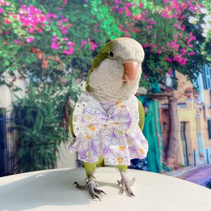 Bird Clothes - Handmade Cotton Floral Sundress with Lace Bowknot Decor Flight Suit Shirt for Parrots African Greys Parakeet Cockatiel Sun Conure Parrot Cosplay Apparel Bird Supplies (L,Purple)