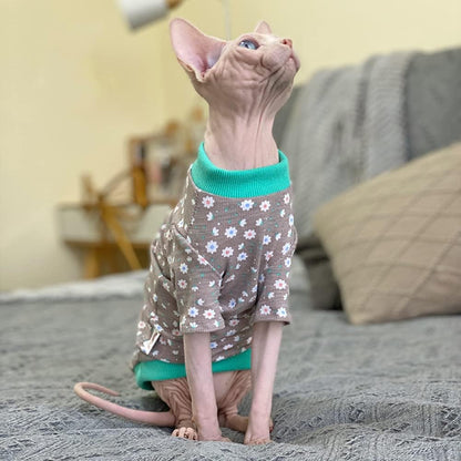 Hairless Cat Clothes Spring Fall Cotton Long Sleeve Turtleneck T-Shirt Floral Dots Print Vest Stretch Jumpsuits Pullover Comfort Pajamas for Sphynx,Cornish Rex, Devon Rex, Peterbald (XXL)