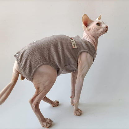 Sphynx Cat Clothes - 4 Leg Breathable Summer Cotton Sleeveless T-Shirts Cat Wear Clothes Vest Pajamas for Cats and Small Dogs Apparel for Sphynx, Cornish Rex, Devon Rex, Peterbald (XS,Brown)