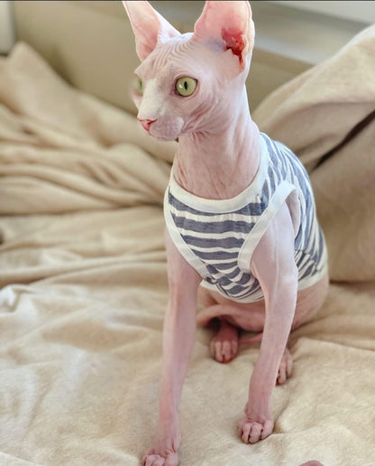 Sphynx Cat Clothes - Summer Thin Cotton Stripe Vest Breathable Pullover Strap Tank Tops Cat Apparel Pajamas Camisole T-Shirt for Hairless Cats, Sphynx,Cornish Rex, Devon Rex, Peterbald (XL,Grey)