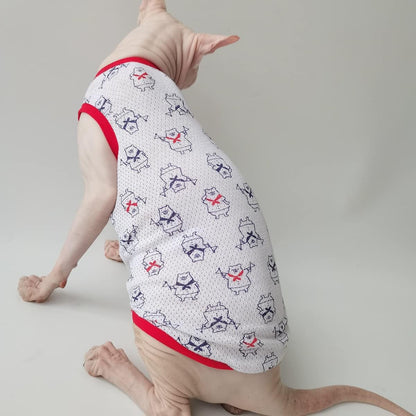 Sphynx Cat Clothes - Summer Thin Cotton Shirt Breathable Animal Print Sleeveless Tank Tops Cat Apparel Pajamas Camisole for Hairless Cats, Sphynx, Cornish Rex, Devon Rex, Peterbald (S,Red)