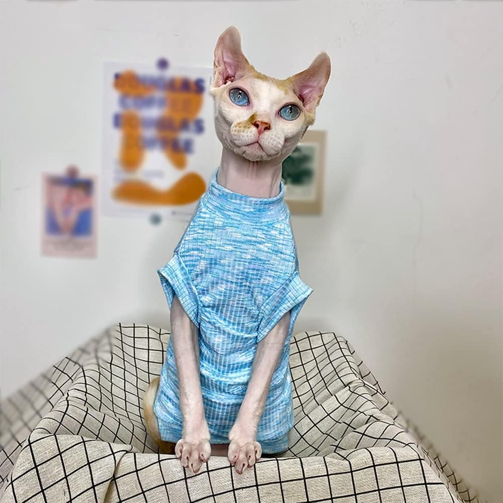 Sphynx Cat Clothes Breathable Summer Cotton Pure Blue T-Shirts Pullover Cat Wear Clothes Vest Pajamas for Cats and Small Dogs Apparel for Sphynx, Cornish Rex, Devon Rex, Peterbald (XXXL-)