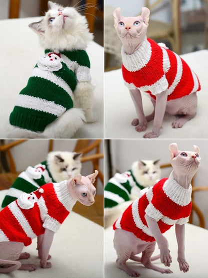 Hairless Cats Clothes with Santa Claus Pattern,Turtleneck Stripe Sweater for Cat, Hand Knitting Vest Shirt Pajamas Jumpsuit for Sphynx, Cornish Rex, Devon Rex, Peterbald (XS,Green)