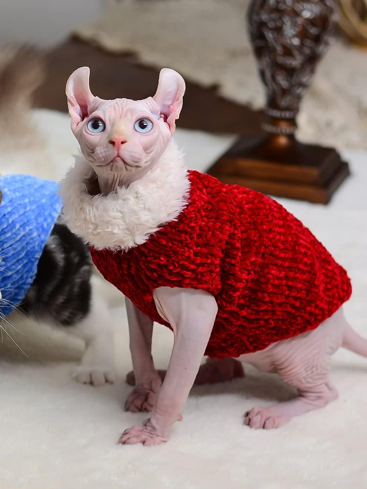 Hairless Cat Clothes, Turtleneck Winter Warm Faux Fur Sweater Outfit, Fashion High Collar Coat Pajamas Jumpsuit Clothes for Sphynx, Cornish Rex, Devon Rex, Peterbald, Hairless Cats (M,Red)