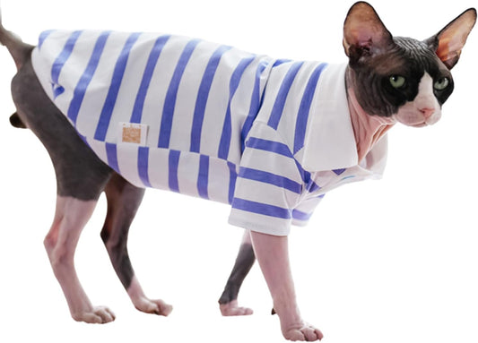 Hairless Cat Clothes - Spring Summer Cotton Polo T-Shirt Stripe Print Long Sleeve Pullover Breathable Jumpsuits Stretch Pajamas for Sphynx, Cornish Rex, Devon Rex, Peterbald (S+,Blue)