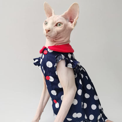 Hairless Cat Clothes - Summer Breathable Polka Dots Suspender Skirt Round Collar Elegant Romantic Girly Dress,Cotton Vest Princess Dress for Sphynx, Cornish Rex, Devon Rex, Peterbald (XL)