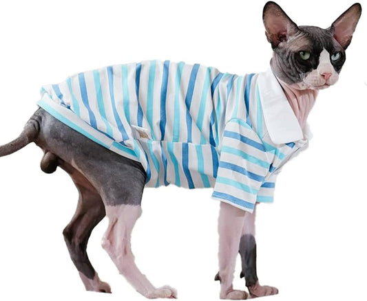 Hairless Cat Clothes - Spring Summer Cotton Polo T-Shirt Long Sleeve Stripe Print Pullover Jumpsuits Breathable Stretch Pajamas for Sphynx, Cornish Rex, Devon Rex, Peterbald (L,Blue)