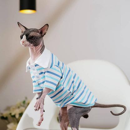 Hairless Cat Clothes - Spring Summer Cotton Polo T-Shirt Long Sleeve Stripe Print Pullover Jumpsuits Breathable Stretch Pajamas for Sphynx, Cornish Rex, Devon Rex, Peterbald (L,Blue)