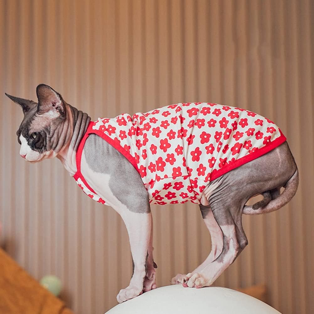 Sphynx Cat Clothes Breathable Summer Cotton Thin Camisole Sleeveless Shirt with Flower Print Strap Pullover Tank Tops Pajamas for Hairless Cats, Sphynx,Cornish Rex,Devon Rex,Peterbald (L,Red)