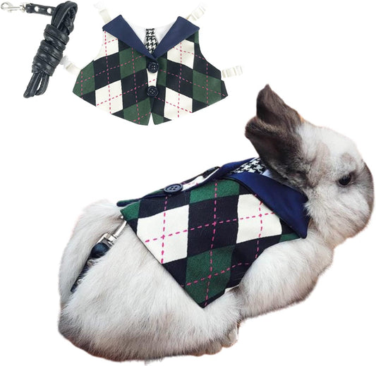 Rabbit Clothes - Argyle Plaid Harness with Tie Adjustable Bunny Vest Halloween Cosplay Wedding Party Holiday Daily Wear Walking Harness Clothes for Bunny Kitten Puppy Chinchilla Guinea Pig (Green, M)