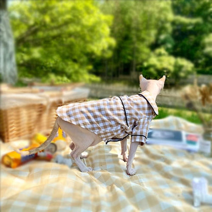 Hairless Cats Clothes Breathable Spring Summer Cotton Plaid Cat Pajamas Soft PJs Rompers Pet Jumpsuits Cozy Bodysuits for Sphynx, Cornish Rex, Devon Rex, Peterbald (M-,Khaki)