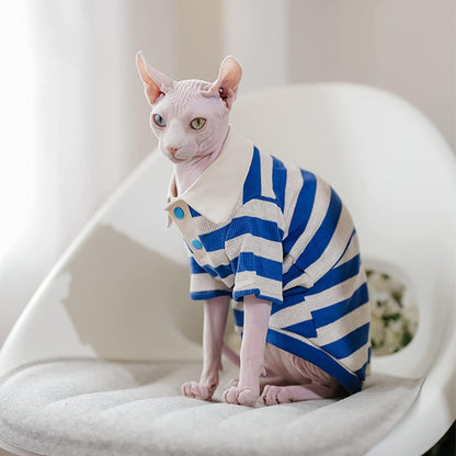 Hairless Cat Clothes Cotton Polo T-Shirt Stripe Print Pullover Jumpsuits Pajamas for Sphynx Cornish Rex Devon Rex Peterbald