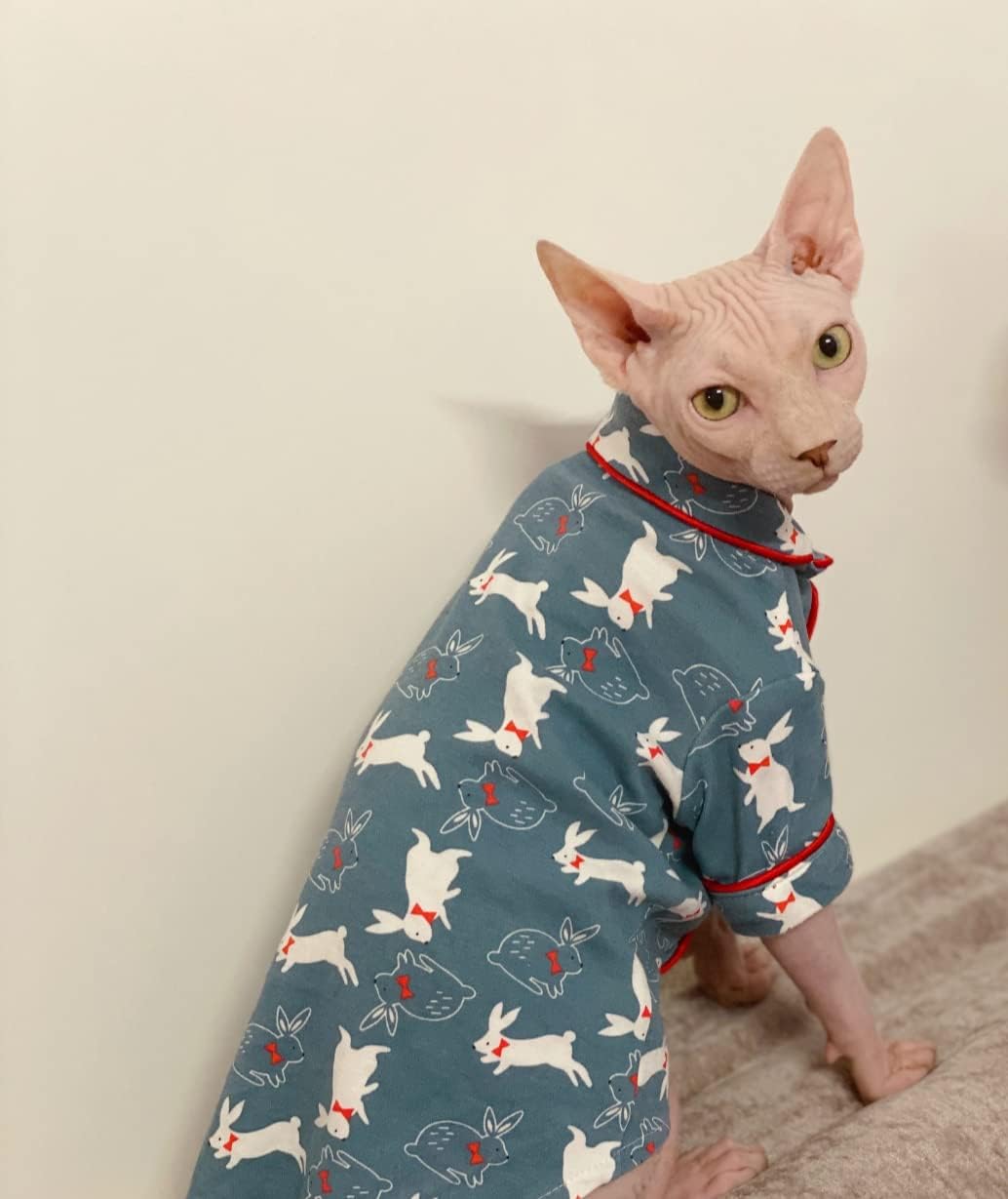 Sphynx Cat Clothes - Cotton Pajamas Animal Print Pet Sweater Shirt for Cats Clothing Spring Winter Skin-Friendly Jumpsuit Clothes for Sphynx, Cornish Rex, Devon Rex, Peterbald (M,Blue)